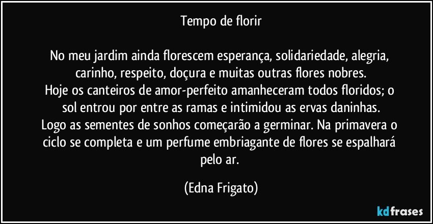 Tempo de florir

No meu jardim ainda florescem esperança, solidariedade, alegria, carinho, respeito, doçura e muitas outras flores nobres.
Hoje os canteiros de amor-perfeito amanheceram todos floridos; o sol entrou por entre as ramas e intimidou as ervas daninhas.
Logo as sementes de sonhos começarão a germinar. Na primavera o ciclo se completa e um perfume embriagante de flores se espalhará pelo ar. (Edna Frigato)