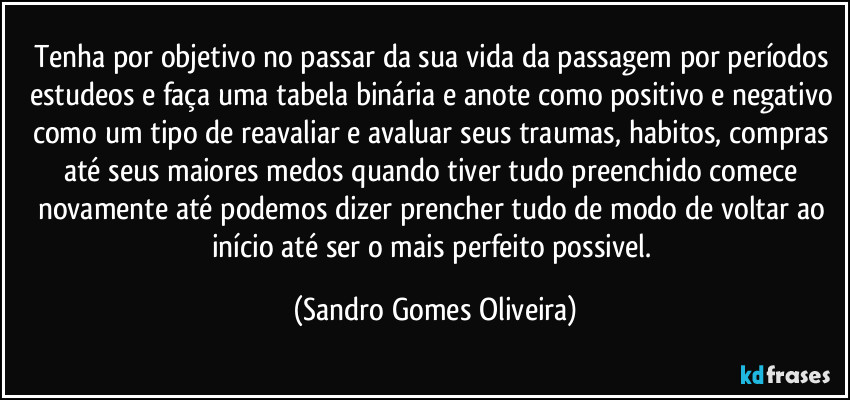 Tenha por objetivo no passar da sua vida da passagem por períodos estudeos e faça uma tabela binária e anote como positivo e negativo como um tipo de reavaliar e avaluar seus traumas, habitos, compras até seus maiores medos quando tiver tudo preenchido comece novamente até podemos dizer prencher tudo de modo de voltar ao início até ser o mais perfeito possivel. (Sandro Gomes Oliveira)