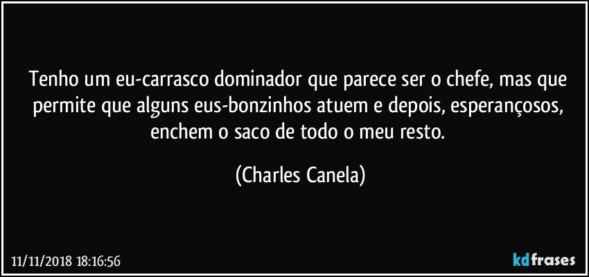 Tenho um eu-carrasco dominador que parece ser o chefe, mas que permite que alguns eus-bonzinhos atuem e depois, esperançosos, enchem o saco de todo o meu resto. (Charles Canela)