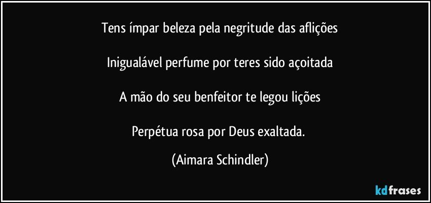 Tens ímpar beleza pela negritude das aflições

Inigualável perfume por teres sido açoitada

A mão do seu benfeitor te legou lições

Perpétua rosa por Deus exaltada. (Aimara Schindler)