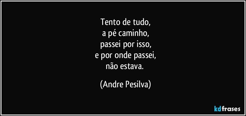 tento de tudo,
a pé caminho,
passei por isso,
e por onde passei,
não estava. (Andre Pesilva)