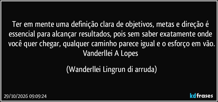 Ter em mente uma definição clara de objetivos, metas e direção é essencial para alcançar resultados, pois sem saber exatamente onde você quer chegar, qualquer caminho parece igual e o esforço em vão.
Vanderllei A Lopes (Wanderllei Lingrun di arruda)