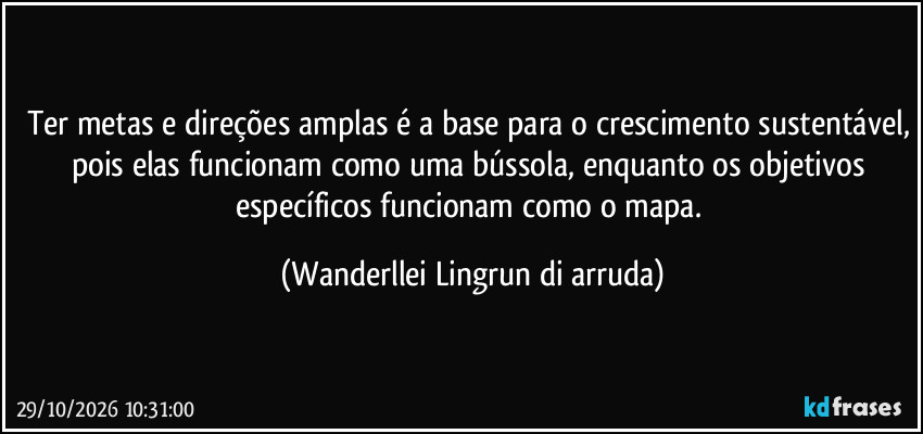 Ter metas e direções amplas é a base para o crescimento sustentável, pois elas funcionam como uma bússola, enquanto os objetivos específicos funcionam como o mapa. (Wanderllei Lingrun di arruda)