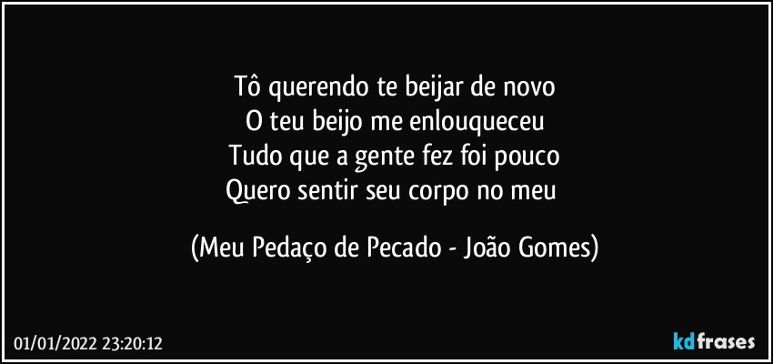 Tô querendo te beijar de novo
O teu beijo me enlouqueceu
Tudo que a gente fez foi pouco
Quero sentir seu corpo no meu (Meu Pedaço de Pecado - João Gomes)