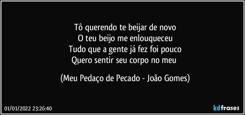 Tô querendo te beijar de novo
O teu beijo me enlouqueceu
Tudo que a gente já fez foi pouco
Quero sentir seu corpo no meu (Meu Pedaço de Pecado - João Gomes)