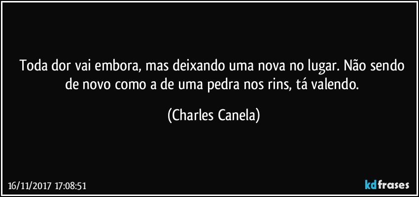 Toda dor vai embora, mas deixando uma nova no lugar. Não sendo de novo como a de uma pedra nos rins, tá valendo. (Charles Canela)