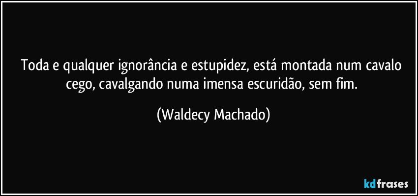 Toda e qualquer ignorância e estupidez, está montada num cavalo cego, cavalgando numa imensa escuridão, sem fim. (Waldecy Machado)