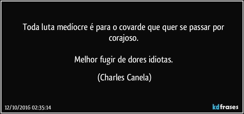 Toda luta medíocre é para o covarde que quer se passar por corajoso. 

Melhor fugir de dores idiotas. (Charles Canela)