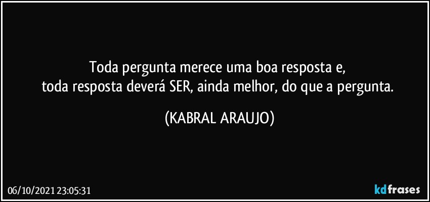 Toda pergunta merece uma boa resposta e, 
toda resposta deverá SER, ainda melhor, do que a pergunta. (KABRAL ARAUJO)