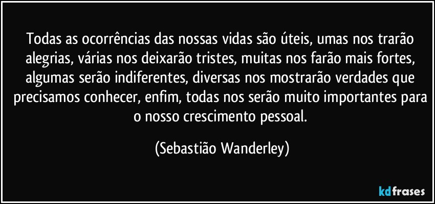 Todas as ocorrências das nossas vidas são úteis, umas nos trarão alegrias, várias nos deixarão tristes, muitas nos farão mais fortes, algumas serão indiferentes, diversas nos mostrarão verdades que precisamos conhecer, enfim, todas nos serão muito importantes para o nosso crescimento pessoal. (Sebastião Wanderley)