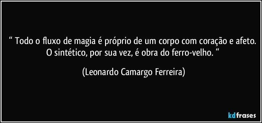 “ Todo o fluxo de magia é próprio de um corpo com coração e afeto. O sintético, por sua vez, é obra do ferro-velho. “ (Leonardo Camargo Ferreira)