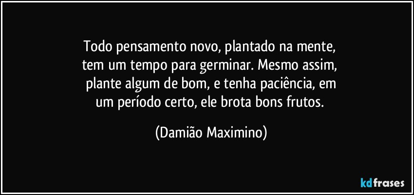 Todo pensamento novo, plantado na mente, 
tem um tempo para germinar. Mesmo assim, 
plante algum de bom, e tenha paciência, em
um período certo, ele brota bons frutos. (Damião Maximino)