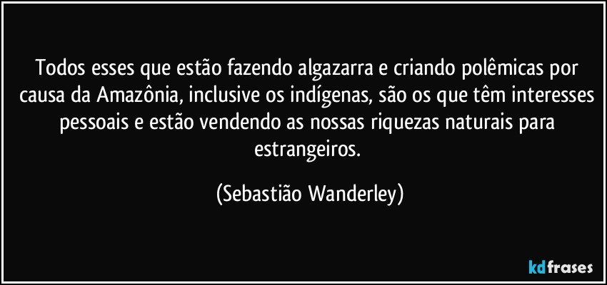 Todos esses que estão fazendo algazarra e criando polêmicas por causa da Amazônia, inclusive os indígenas, são os que têm interesses pessoais e estão vendendo as nossas riquezas naturais para estrangeiros. (Sebastião Wanderley)