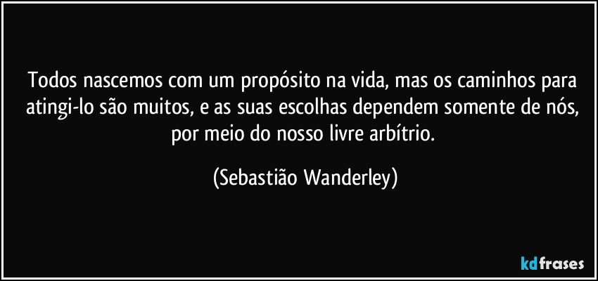 Todos nascemos com um propósito na vida, mas os caminhos para atingi-lo são muitos, e as suas escolhas dependem somente de nós, por meio do nosso livre arbítrio. (Sebastião Wanderley)