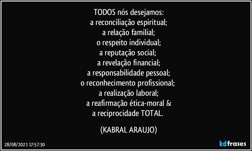 TODOS nós desejamos:
a reconciliação espiritual;
a relação familial;
o respeito individual;
a reputação social; 
a revelação financial;
a responsabilidade pessoal;
o reconhecimento profissional; 
a realização laboral;
a reafirmação ética-moral &
a reciprocidade TOTAL. (KABRAL ARAUJO)