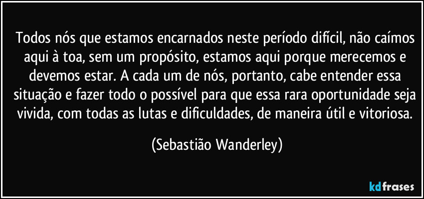 Todos nós que estamos encarnados neste período difícil, não caímos aqui à toa, sem um propósito, estamos aqui porque merecemos e devemos estar. A cada um de nós, portanto, cabe entender essa situação e fazer todo o possível para que essa rara oportunidade seja vivida, com todas as lutas e dificuldades, de maneira útil e vitoriosa. (Sebastião Wanderley)