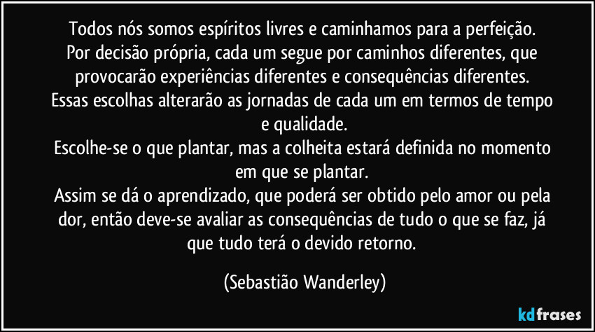 Todos nós somos espíritos livres e caminhamos para a perfeição. 
Por decisão própria, cada um segue por caminhos diferentes, que provocarão experiências diferentes e consequências diferentes. 
Essas escolhas alterarão as jornadas de cada um em termos de tempo e qualidade.
Escolhe-se o que plantar, mas a colheita estará definida no momento em que se plantar. 
Assim se dá o aprendizado, que poderá ser obtido pelo amor ou pela dor, então deve-se avaliar as consequências de tudo o que se faz, já que tudo terá o devido retorno. (Sebastião Wanderley)