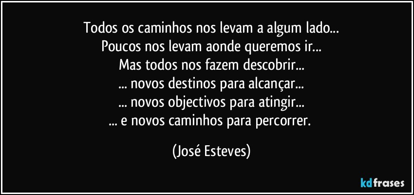 Todos os caminhos nos levam a algum lado...
Poucos nos levam aonde queremos ir...
Mas todos nos fazem descobrir...
... novos destinos para alcançar...
... novos objectivos para atingir...
... e novos caminhos para percorrer. (José Esteves)