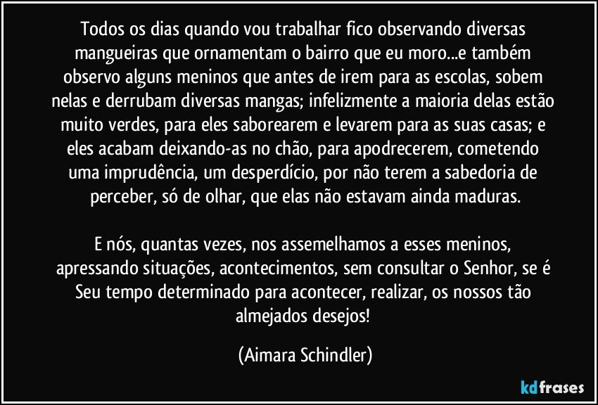 Todos os dias quando vou trabalhar fico observando diversas mangueiras que ornamentam o bairro que eu moro...e também observo alguns meninos que antes de irem para as escolas, sobem nelas e derrubam diversas mangas; infelizmente a maioria delas estão muito verdes, para eles saborearem e levarem para as suas casas; e eles acabam deixando-as no chão, para apodrecerem, cometendo uma imprudência, um desperdício, por não terem a sabedoria de perceber, só de olhar, que elas não estavam ainda maduras.

E nós, quantas vezes, nos assemelhamos a esses meninos, apressando situações, acontecimentos, sem  consultar o Senhor, se é Seu tempo determinado para acontecer, realizar, os nossos tão almejados desejos! (Aimara Schindler)