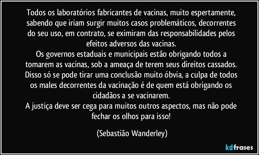 Todos os laboratórios fabricantes de vacinas, muito espertamente, sabendo que iriam surgir muitos casos problemáticos, decorrentes do seu uso, em contrato, se eximiram das responsabilidades pelos efeitos adversos das vacinas. 
Os governos estaduais e municipais estão obrigando todos a tomarem as vacinas, sob a ameaça de terem seus direitos cassados. 
Disso só se pode tirar uma conclusão muito óbvia, a culpa de todos os males decorrentes da vacinação é de quem está obrigando os cidadãos a se vacinarem. 
A justiça deve ser cega para muitos outros aspectos, mas não pode fechar os olhos para isso! (Sebastião Wanderley)