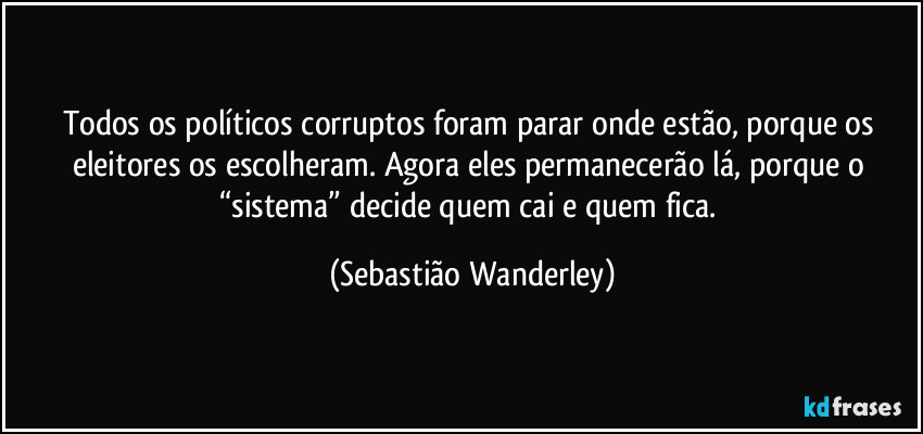 Todos os políticos corruptos foram parar onde estão, porque os eleitores os escolheram. Agora eles permanecerão lá, porque o “sistema” decide quem cai e quem fica. (Sebastião Wanderley)