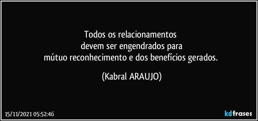 Todos os relacionamentos 
devem ser engendrados para
mútuo reconhecimento e dos benefícios gerados. (KABRAL ARAUJO)