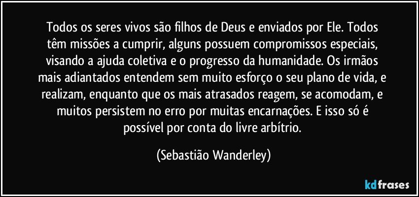 Todos os seres vivos são filhos de Deus e enviados por Ele. Todos têm missões a cumprir, alguns possuem compromissos especiais, visando a ajuda coletiva e o progresso da humanidade. Os irmãos mais adiantados entendem sem muito esforço o seu plano de vida, e realizam, enquanto que os mais atrasados reagem, se acomodam, e muitos persistem no erro por muitas encarnações. E isso só é possível por conta do livre arbítrio. (Sebastião Wanderley)