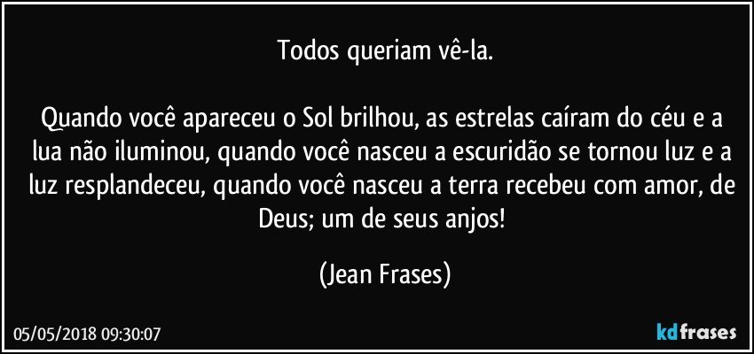 Todos queriam vê-la.

Quando você apareceu o Sol brilhou, as estrelas caíram do céu e a lua não iluminou, quando você nasceu a escuridão se tornou luz e a luz resplandeceu, quando você nasceu a terra recebeu com amor, de Deus; um de seus anjos! (Jean Frases)