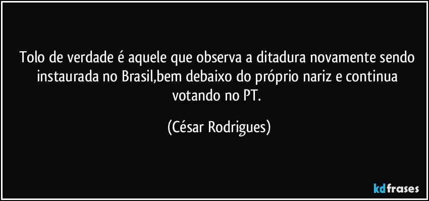 Tolo de verdade é aquele que observa a ditadura novamente sendo instaurada no Brasil,bem debaixo do próprio nariz e continua votando no PT. (César Rodrigues)