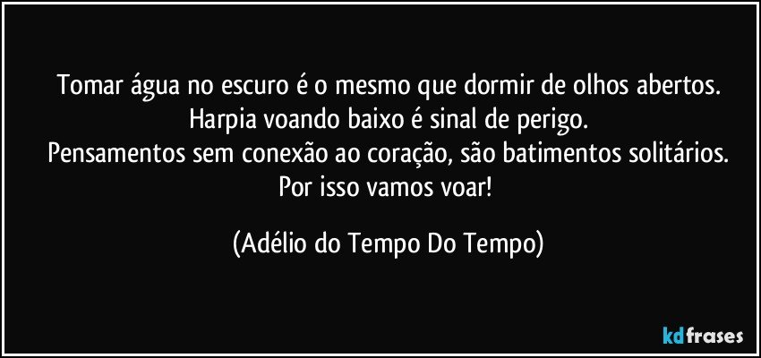 Tomar água no escuro é o mesmo que dormir de olhos abertos.
Harpia voando baixo é sinal de perigo.
Pensamentos sem conexão ao coração, são batimentos solitários.
Por isso vamos voar! (Adélio do Tempo Do Tempo)