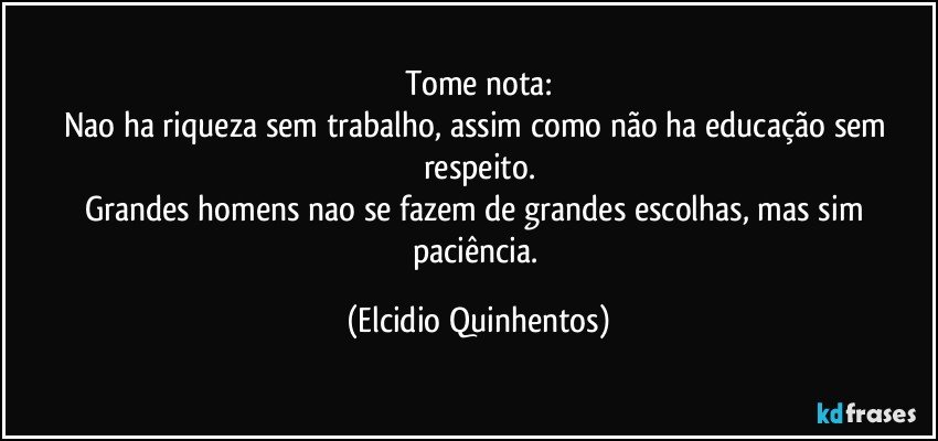 Tome nota:
Nao ha riqueza sem trabalho, assim como não ha educação sem respeito.
Grandes homens nao se fazem de grandes escolhas, mas sim paciência. (Elcidio Quinhentos)