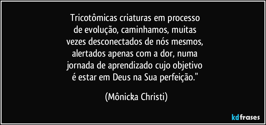 Tricotômicas criaturas em processo 
de evolução, caminhamos, muitas 
vezes desconectados de nós mesmos, 
alertados apenas com a dor, numa 
jornada de aprendizado cujo objetivo 
é estar em Deus na Sua perfeição." (Mônicka Christi)