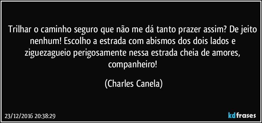 Trilhar o caminho seguro que não me dá tanto prazer assim? De jeito nenhum! Escolho a estrada com abismos dos dois lados e ziguezagueio perigosamente nessa estrada cheia de amores, companheiro! (Charles Canela)