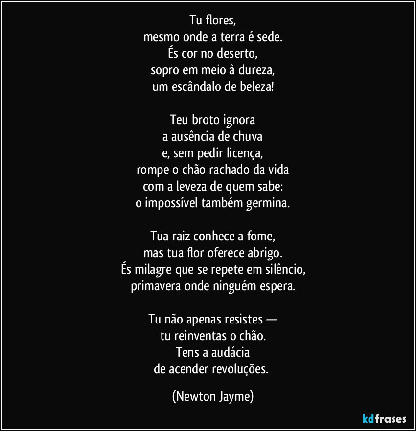 Tu flores,
mesmo onde a terra é sede.
És cor no deserto,
sopro em meio à dureza,
um escândalo de beleza!

Teu broto ignora
a ausência de chuva
e, sem pedir licença,
rompe o chão rachado da vida
com a leveza de quem sabe:
o impossível também germina.

Tua raiz conhece a fome,
mas tua flor oferece abrigo.
És milagre que se repete em silêncio,
primavera onde ninguém espera.

Tu não apenas resistes —
tu reinventas o chão.
Tens a audácia
de acender revoluções. (Newton Jayme)