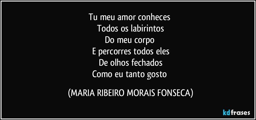 Tu meu amor conheces 
Todos os labirintos
Do meu corpo 
E percorres todos eles
De olhos fechados
Como eu tanto gosto (MARIA RIBEIRO MORAIS FONSECA)