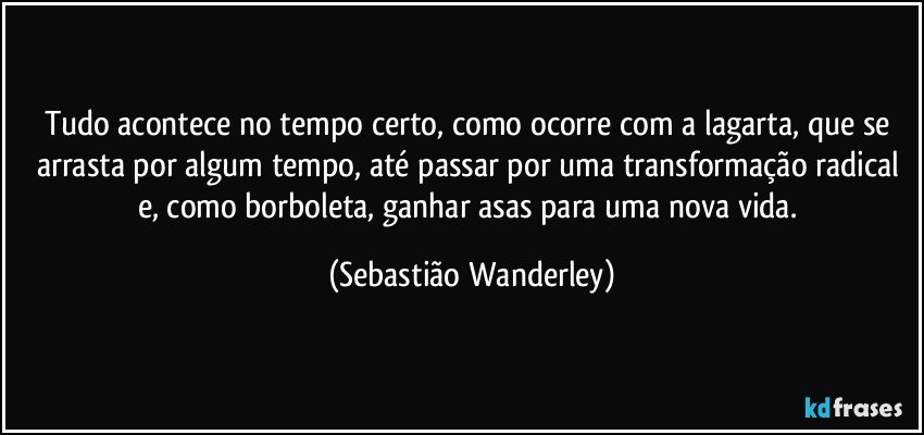 Tudo acontece no tempo certo, como ocorre com a lagarta, que se arrasta por algum tempo, até passar por uma transformação radical e, como borboleta, ganhar asas para uma nova vida. (Sebastião Wanderley)