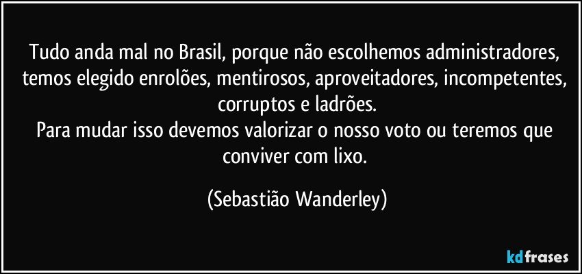 Tudo anda mal no Brasil, porque não escolhemos administradores, temos elegido enrolões, mentirosos, aproveitadores, incompetentes, corruptos e ladrões.
Para mudar isso devemos valorizar o nosso voto ou teremos que conviver com lixo. (Sebastião Wanderley)