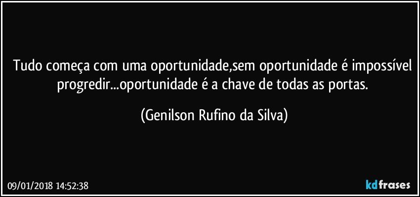 Tudo começa com uma oportunidade,sem oportunidade é impossível progredir...oportunidade é a chave de todas as portas. (Genilson Rufino da Silva)