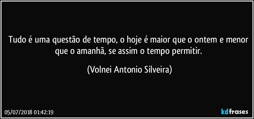 Tudo é uma questão de tempo, o hoje é maior que o ontem e menor que o amanhã, se assim o tempo permitir. (Volnei Antonio Silveira)