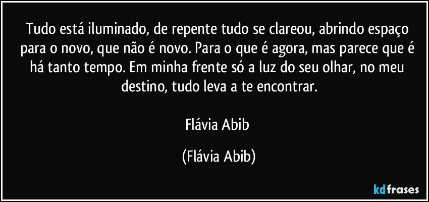 Tudo está iluminado, de repente tudo se clareou, abrindo espaço para o novo, que não é novo. Para o que é agora, mas parece que é há tanto tempo. Em minha frente só a luz do seu olhar, no meu destino, tudo leva a te encontrar.

Flávia Abib (Flávia Abib)