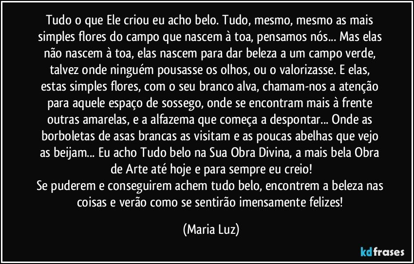 Tudo o que Ele criou eu acho belo. Tudo, mesmo, mesmo as mais simples flores do campo que nascem à toa, pensamos nós... Mas elas não nascem à toa, elas nascem para dar beleza a um campo verde, talvez onde ninguém pousasse os olhos, ou o valorizasse. E elas, estas simples flores, com o seu branco alva, chamam-nos a atenção para aquele espaço de sossego, onde se encontram mais à frente outras amarelas, e a alfazema que começa a despontar... Onde as borboletas de asas brancas as visitam e as poucas abelhas que vejo as beijam... Eu acho Tudo belo na Sua Obra Divina, a mais bela Obra de Arte até hoje e para sempre eu creio!
Se puderem e conseguirem achem tudo belo, encontrem a beleza nas coisas e verão como se sentirão imensamente felizes! (Maria Luz)