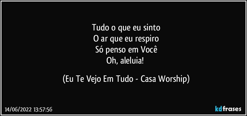 Tudo o que eu sinto
O ar que eu respiro
Só penso em Você
Oh, aleluia! (Eu Te Vejo Em Tudo - Casa Worship)