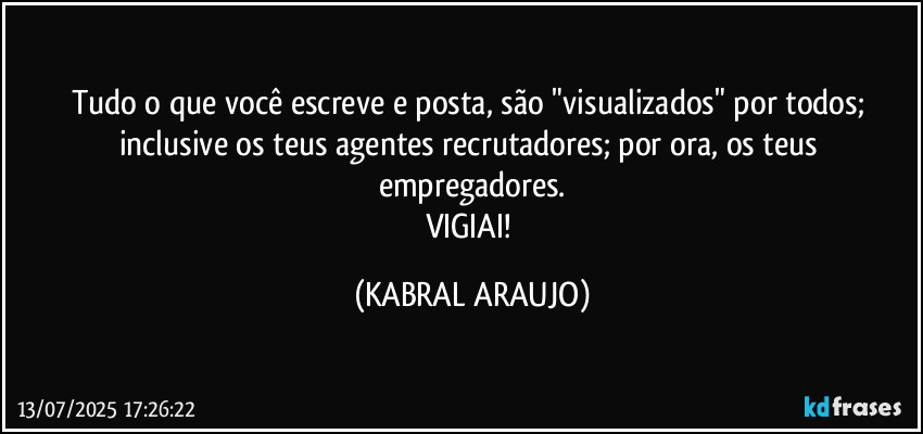 Tudo o que você  escreve e posta, são "visualizados" por todos; inclusive os teus agentes recrutadores; por ora, os teus empregadores.
VIGIAI! (KABRAL ARAUJO)