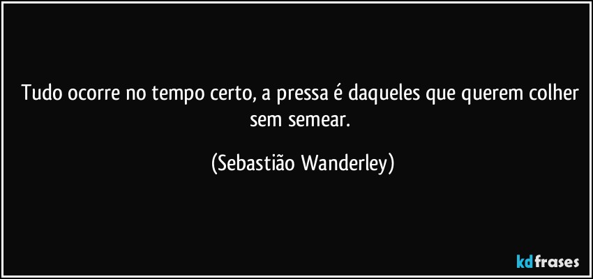 Tudo ocorre no tempo certo, a pressa é daqueles que querem colher sem semear. (Sebastião Wanderley)