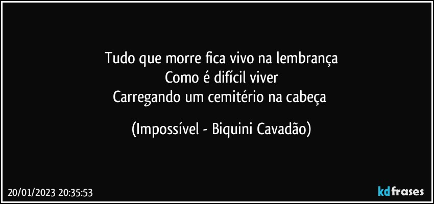 Tudo que morre fica vivo na lembrança
Como é difícil viver
Carregando um cemitério na cabeça (Impossível - Biquini Cavadão)