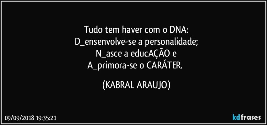 Tudo tem haver com o DNA:
D_ensenvolve-se a personalidade;
N_asce a educAÇÃO e
A_primora-se o CARÁTER. (KABRAL ARAUJO)