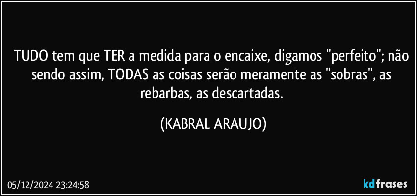 TUDO tem que TER a medida para o encaixe, digamos "perfeito"; não sendo assim, TODAS as coisas serão meramente as "sobras", as rebarbas, as descartadas. (KABRAL ARAUJO)