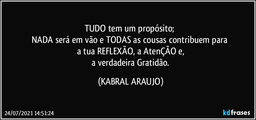 TUDO tem um propósito; 
NADA será em vão e TODAS as cousas contribuem para 
a tua REFLEXÃO, a AtenÇÃO e,
 a verdadeira Gratidão. (KABRAL ARAUJO)