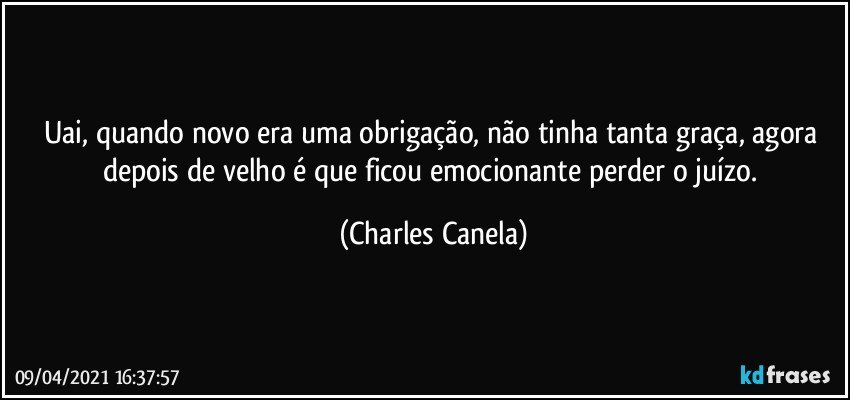 Uai, quando novo era uma obrigação, não tinha tanta graça, agora depois de velho é que ficou emocionante perder o juízo. (Charles Canela)