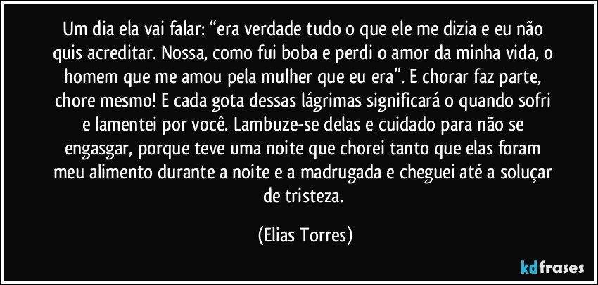 Um dia ela vai falar: “era verdade tudo o que ele me dizia e eu não quis acreditar. Nossa, como fui boba e perdi o amor da minha vida, o homem que me amou pela mulher que eu era”. E chorar faz parte, chore mesmo! E cada gota dessas lágrimas significará o quando sofri e lamentei por você. Lambuze-se delas e cuidado para não se engasgar, porque teve uma noite que chorei tanto que elas foram meu alimento durante a noite e a madrugada e cheguei até a soluçar de tristeza. (Elias Torres)